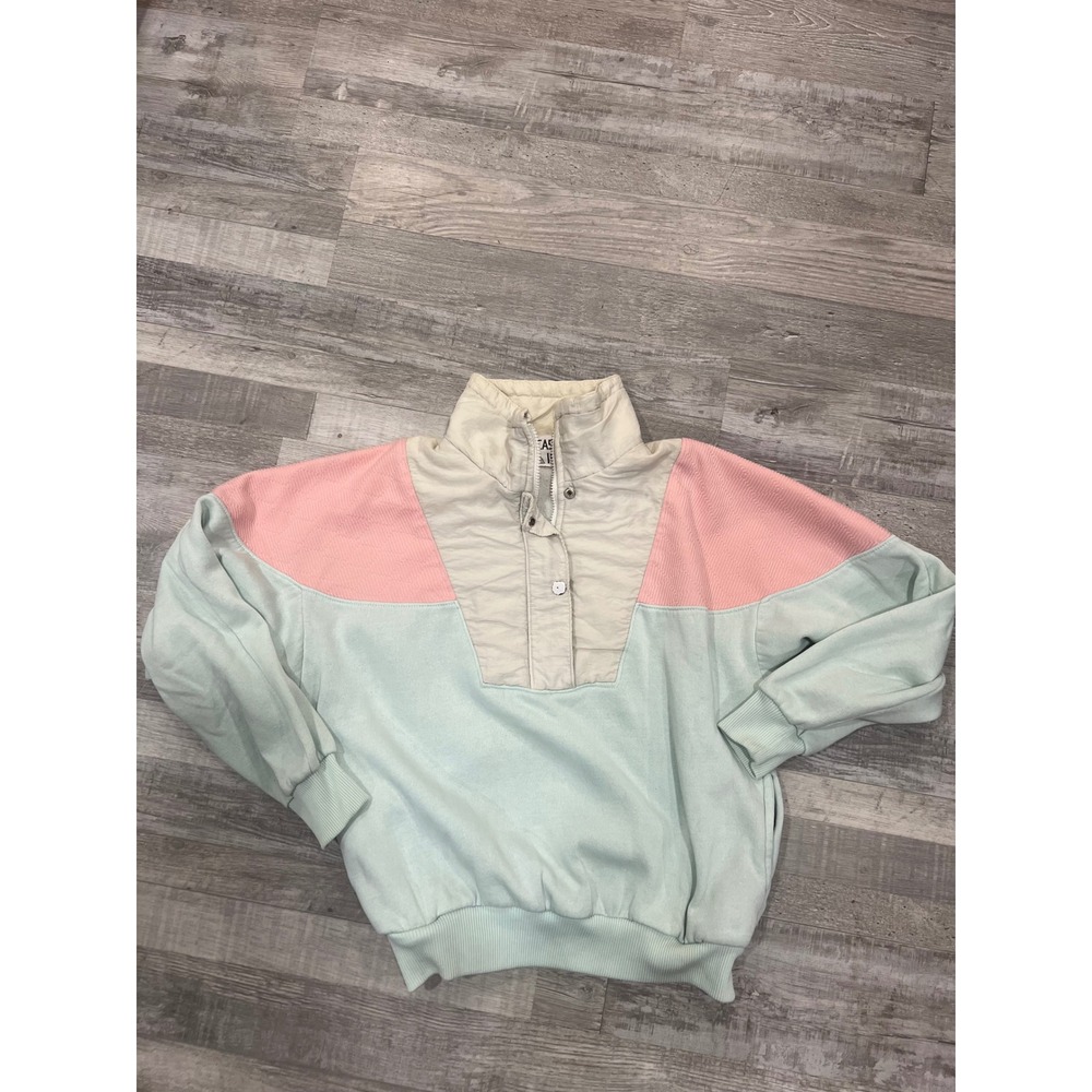 Vintage Casual Isle Colorblock Pullover Sweatshirt Mint Pink 80s Retro Women L